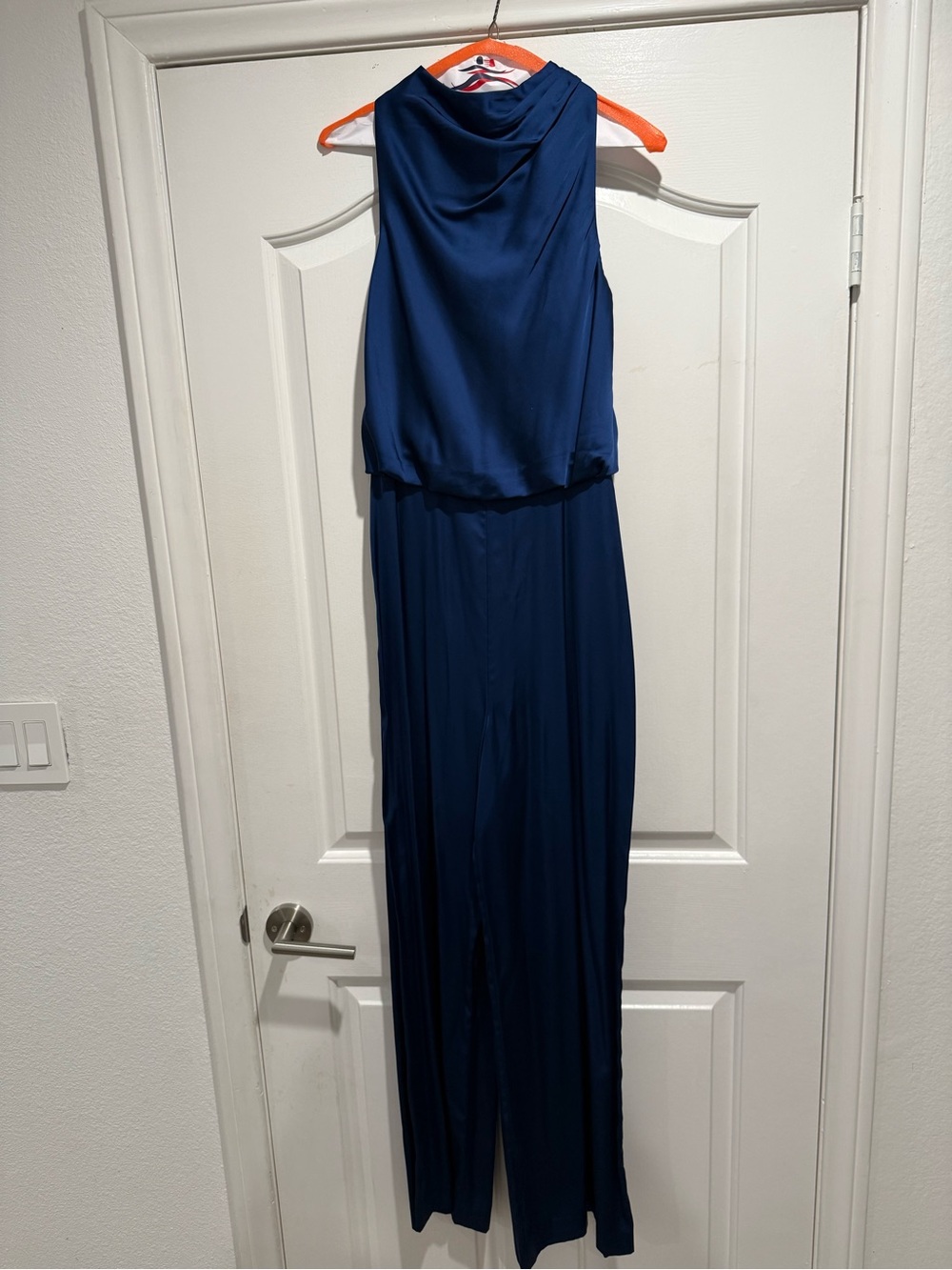 Abercrombie & Fitch Navy Satin Cowl Neck Wide Leg Jumpsuit Size S Tall